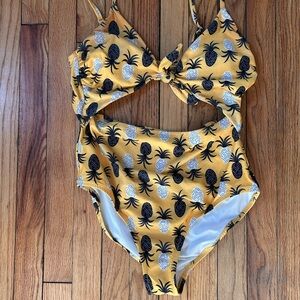 Yellow Pineapple Print One Piece Swim Suit with cut out middle